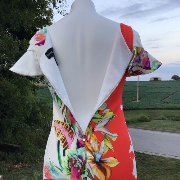 Frank Layman Designs Floral Print Flare Sleeve Cold Shoulder Mini Dress - Picture 7 of 15